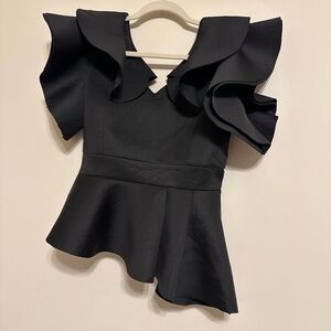 Women’s Black V-Neck Peplum Asymmetric Flutter Ruffle Sleeves Top Size M